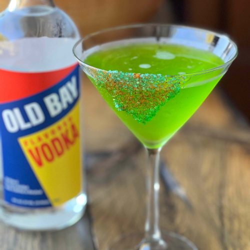 green martini with old bay vodka bottle