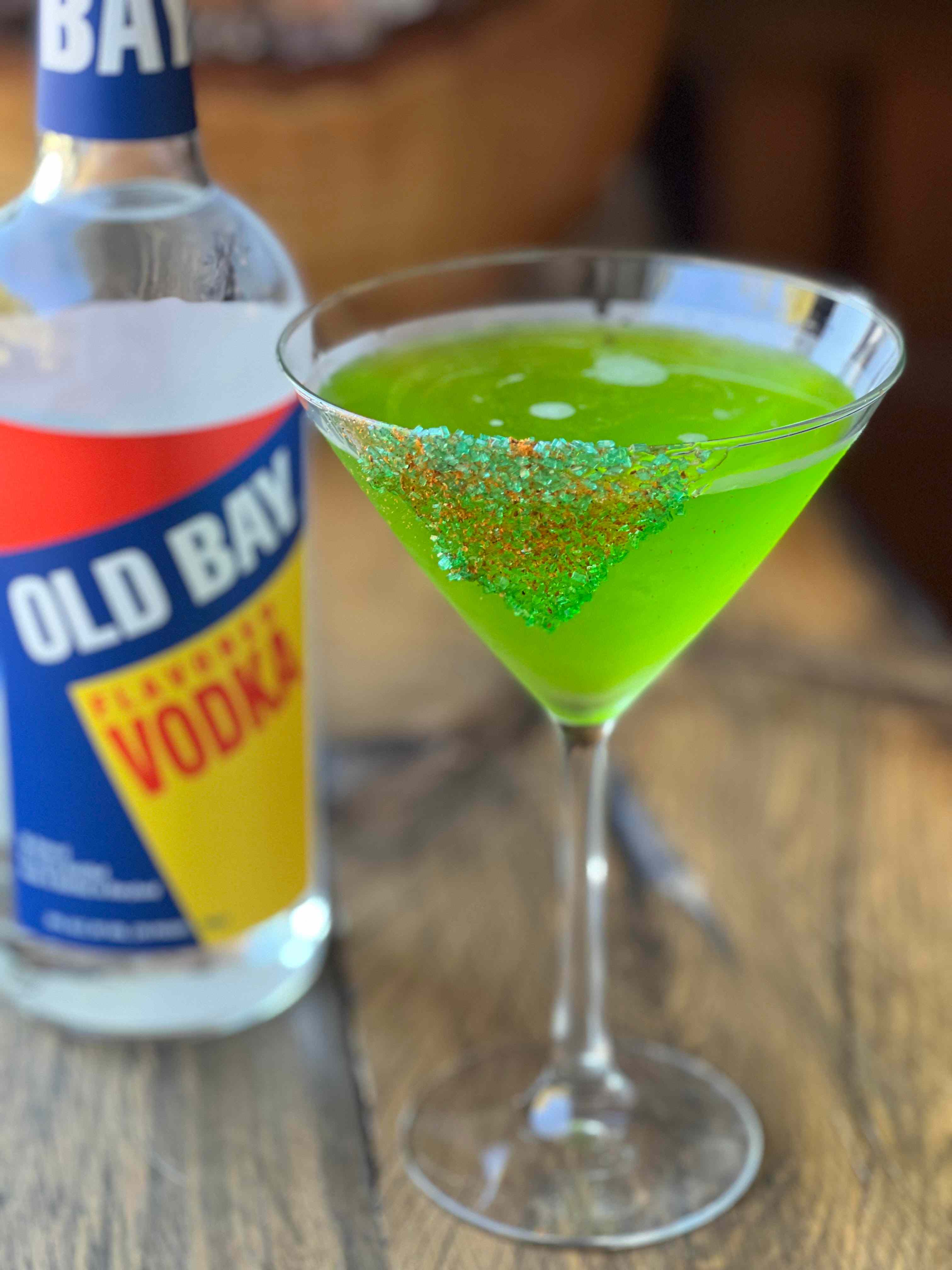 green martini with old bay vodka bottle