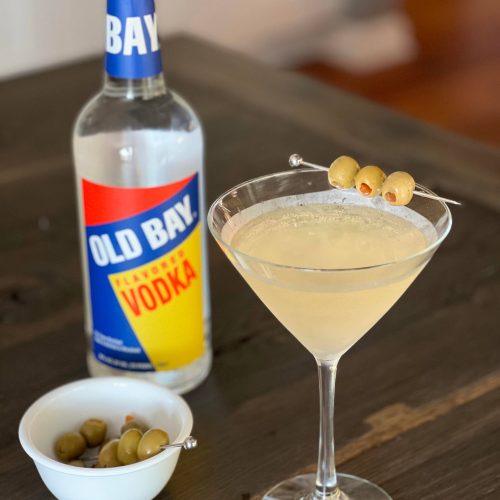 dirty martini with old bay vodka bottle